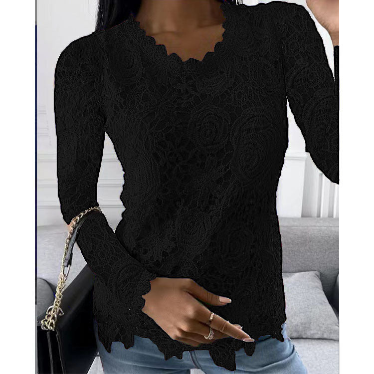 Damen nan figurbetonte Spitzenbluse mit floraler Allover-Spitze, Langarm und gezacktem Saum Echo Archiv