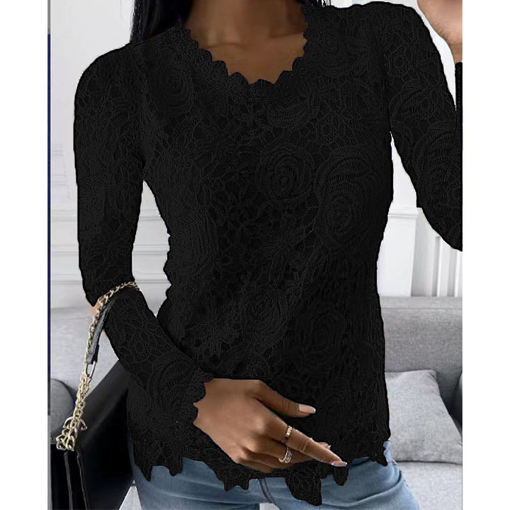 Damen nan figurbetonte Spitzenbluse mit floraler Allover-Spitze, Langarm und gezacktem Saum Echo Archiv