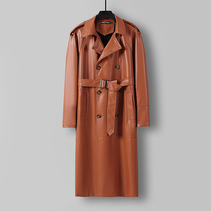 Herren Langer Kunstleder-Trenchcoat mit Doppelreiher, Taillengürtel und Schulterklappen Echoarchiv
