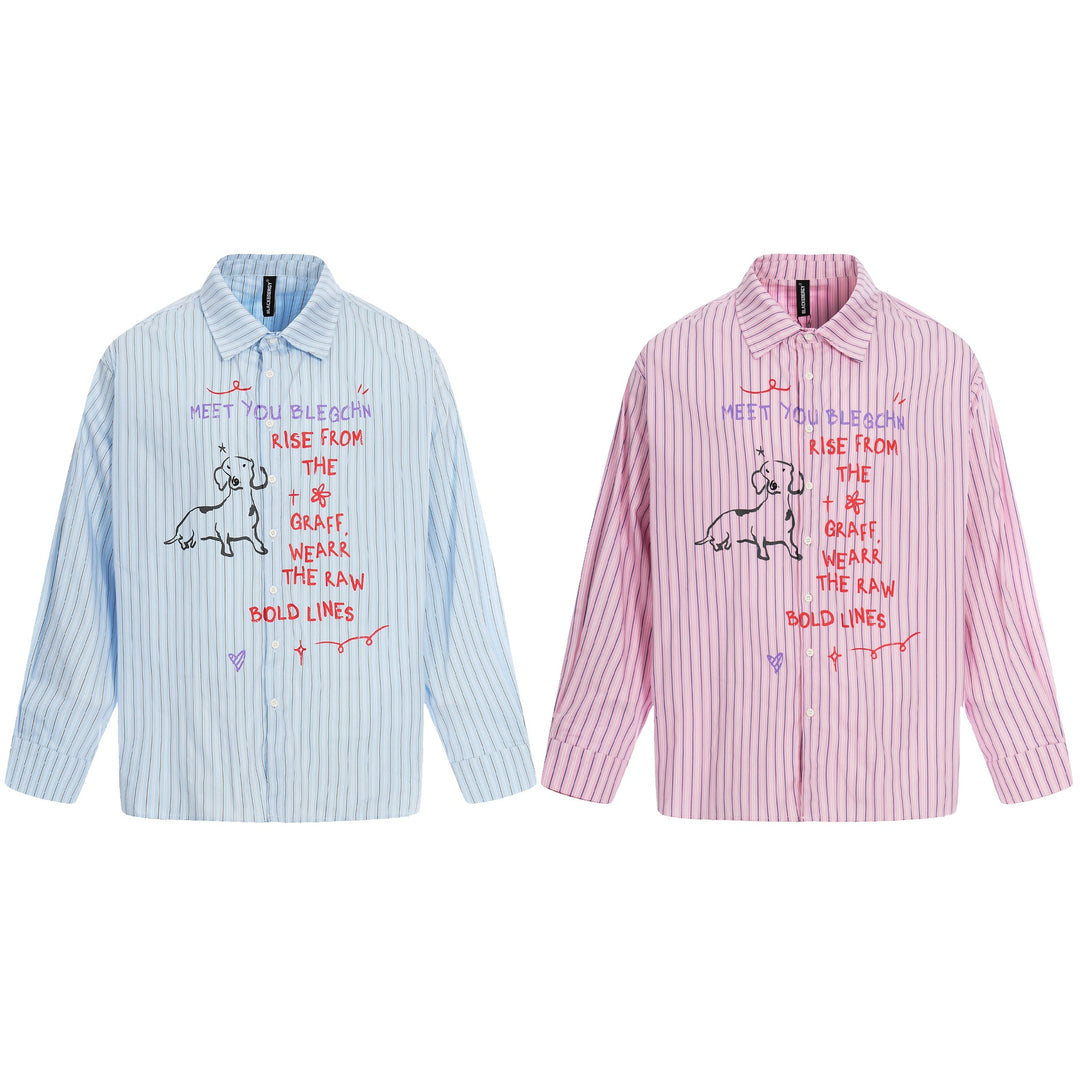 Damen Oversize-Hemdbluse mit Streifenstruktur und handgezeichnetem Grafikprint Echoarchiv
