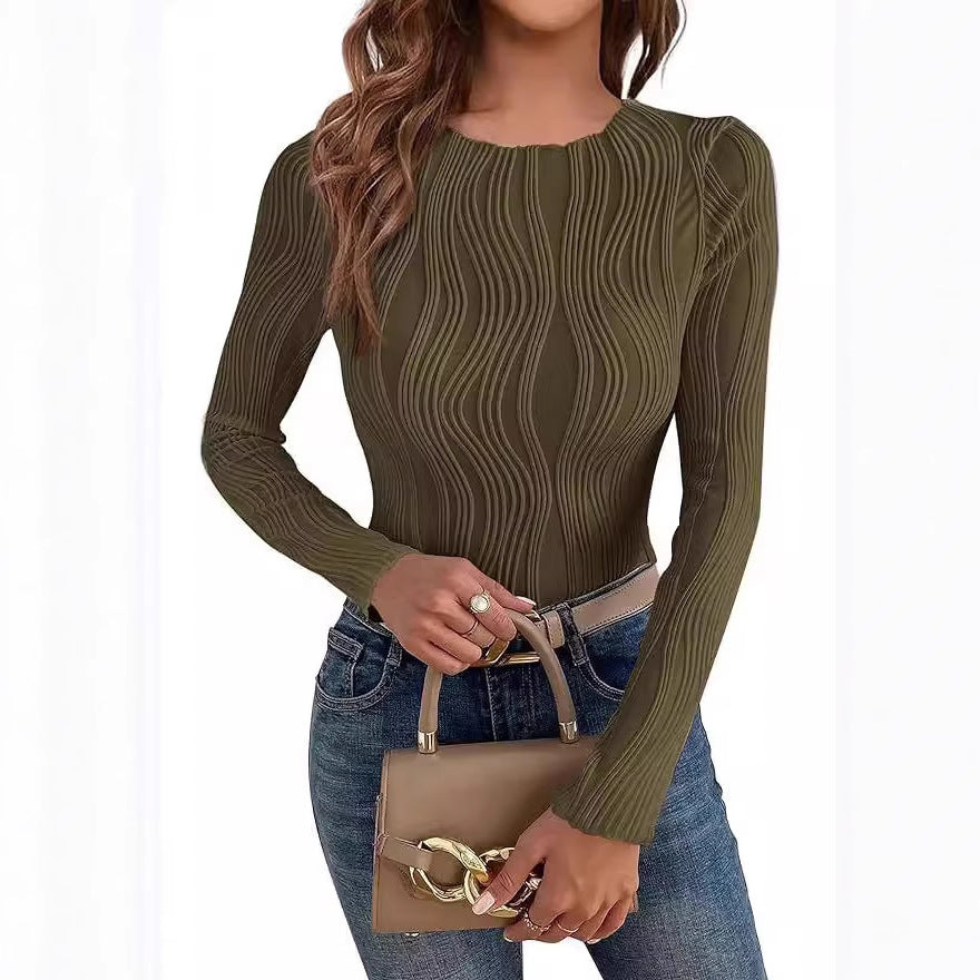 Damen nan figurbetontes Rippstrick-Longsleeve mit Wellendetail und Rundhalsausschnitt Echo Archiv