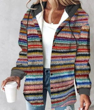 Damen Kapuzencardigan mit Streifen und Druckknopfblende Echoarchiv