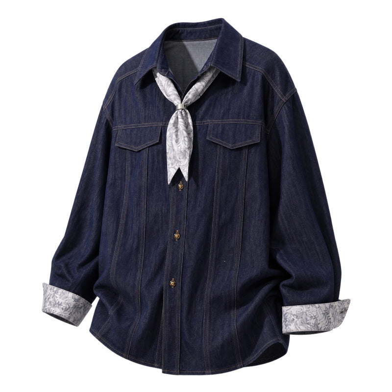 Damen Oversize-Chambray-Hemdbluse mit Ziernähten, Brustklappen & integriertem Halstuch Echoarchiv