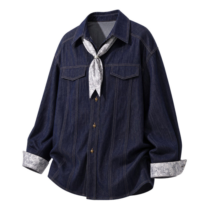 Damen Oversize-Chambray-Hemdbluse mit Ziernähten, Brustklappen & integriertem Halstuch Echoarchiv