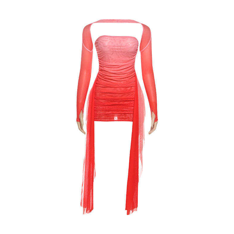 Damen Elegantes Langarmkleid mit raffiniertem Drapierungsdesign und transparenten Elementen Echo Archiv