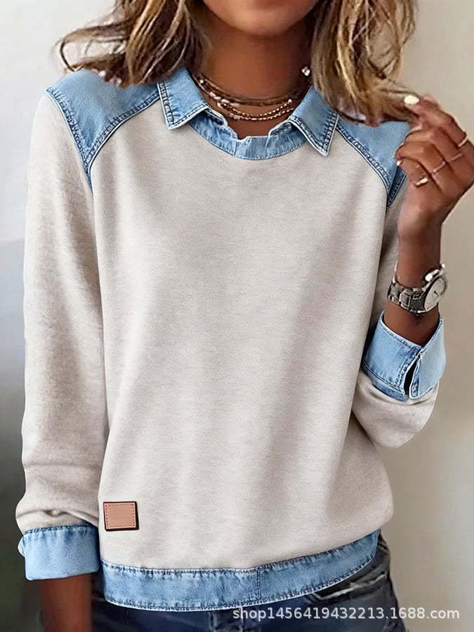 Damen nan gerippter Strickpullover mit Jeanskragen und Knopfleiste Echo Archiv