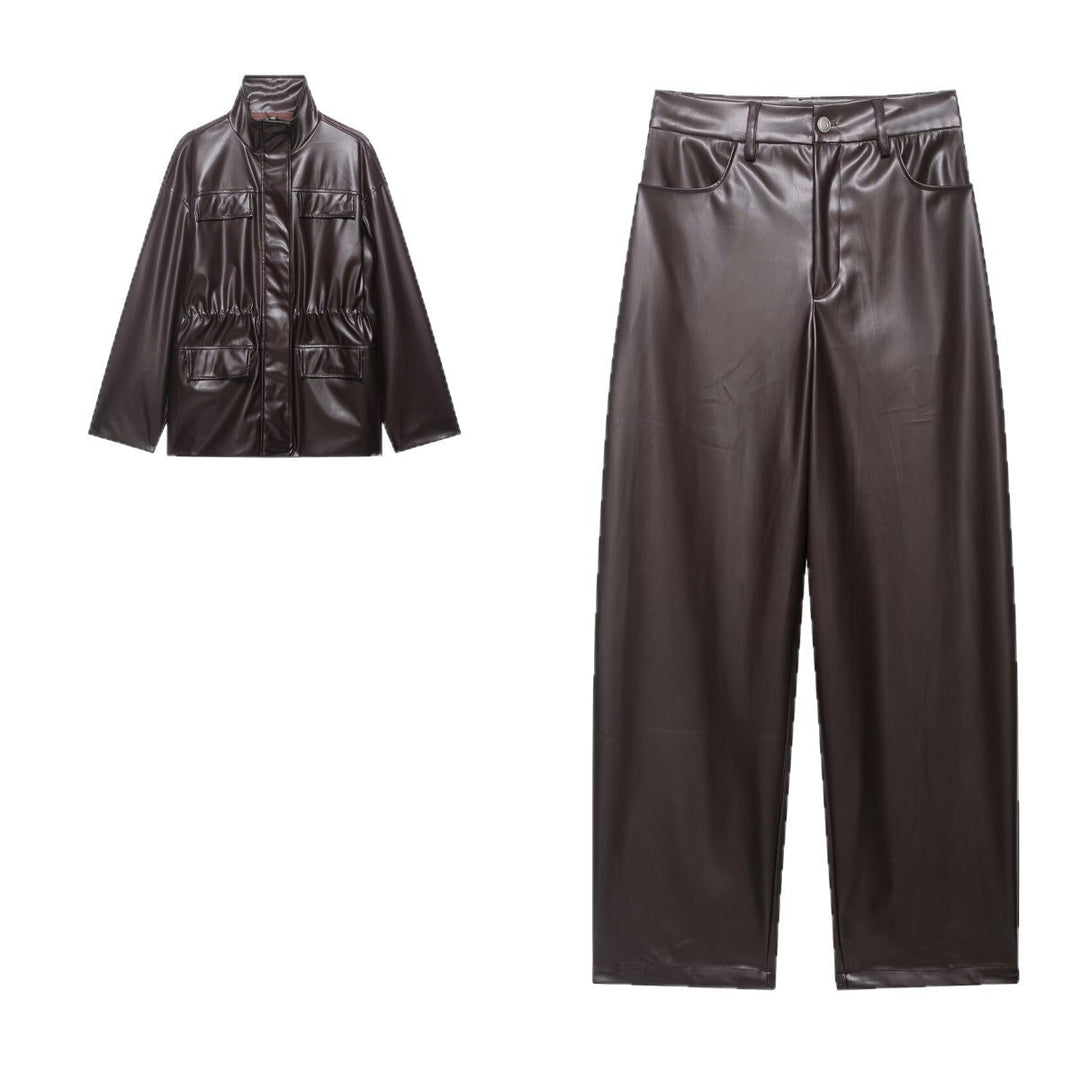 Damen Zweiteiliges PU-Leder-Ensemble mit Fieldjacke, Kordelzugtaillierung und High‑Waist Wide‑Leg Hose Echo Archiv