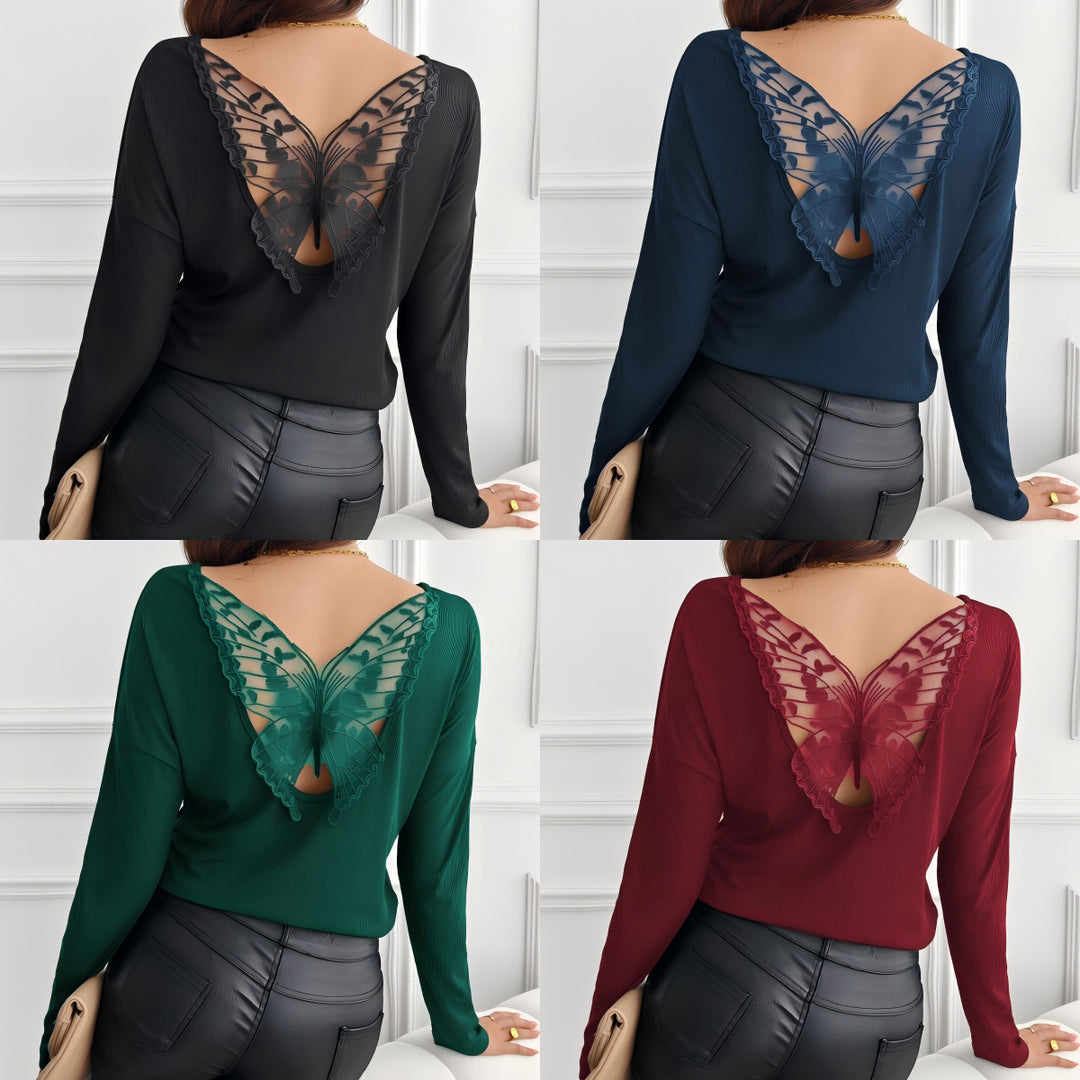 Damen nan geripptes Langarmshirt mit dekorativem Schmetterlings-Spitzenausschnitt Echo Archiv