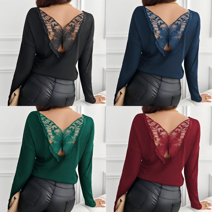 Damen nan geripptes Langarmshirt mit dekorativem Schmetterlings-Spitzenausschnitt Echo Archiv