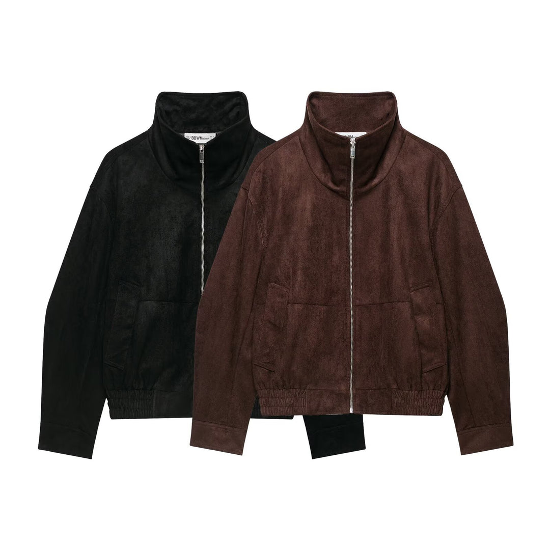 Damen Velourslederoptik Bomberjacke mit Funnelkragen und elastischem Saum Echoarchiv