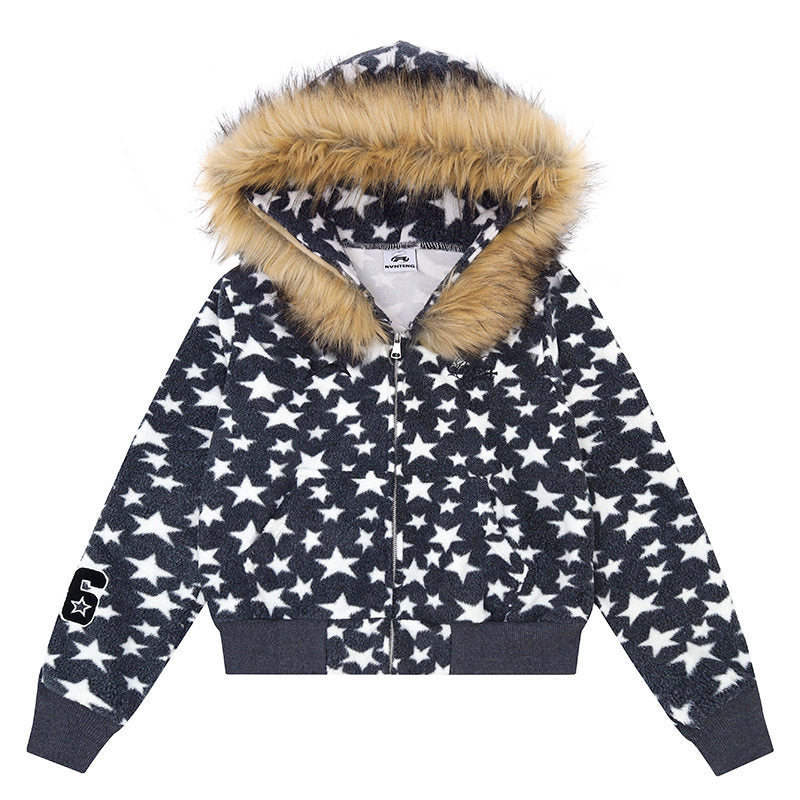 Damen Kapuzen-Sherpajacke mit Sternenprint, Reißverschluss und Kunstpelzbesatz Echoarchiv