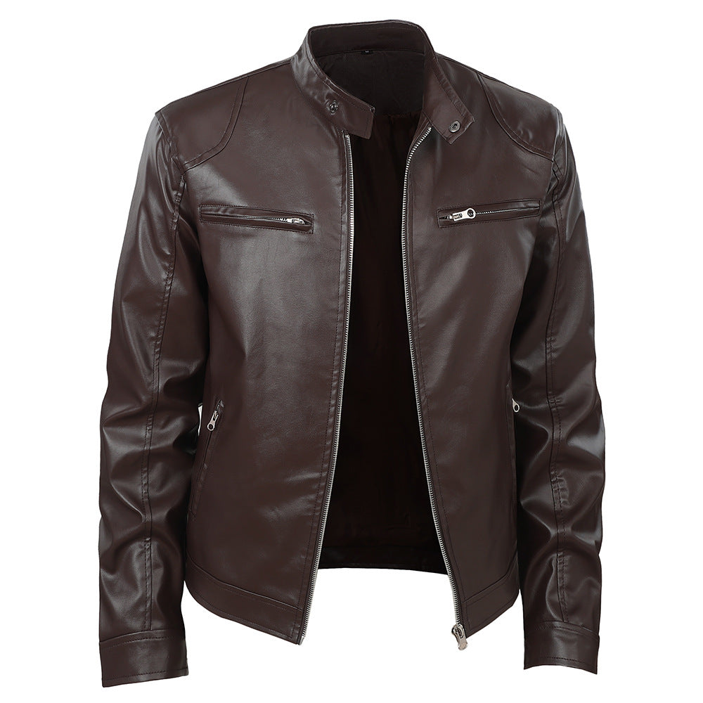 Herren modische Kunstlederjacke mit elegantem Stehkragen und funktionalen Reißverschlusstaschen Echoarchiv