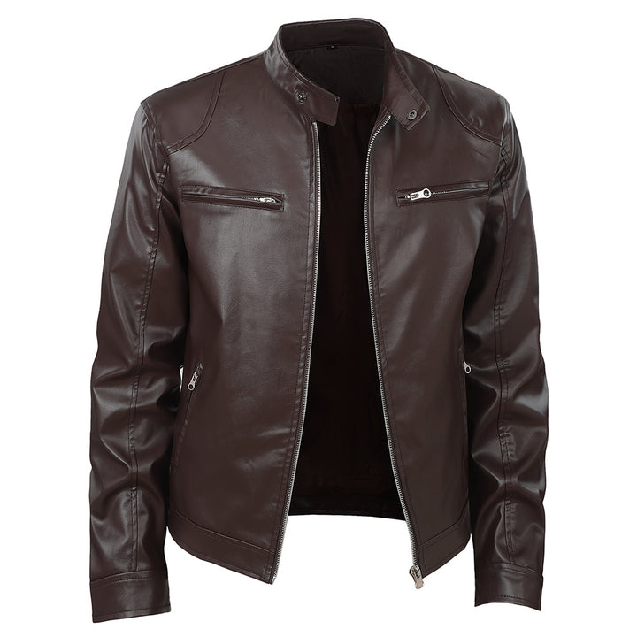 Herren modische Kunstlederjacke mit elegantem Stehkragen und funktionalen Reißverschlusstaschen Echoarchiv