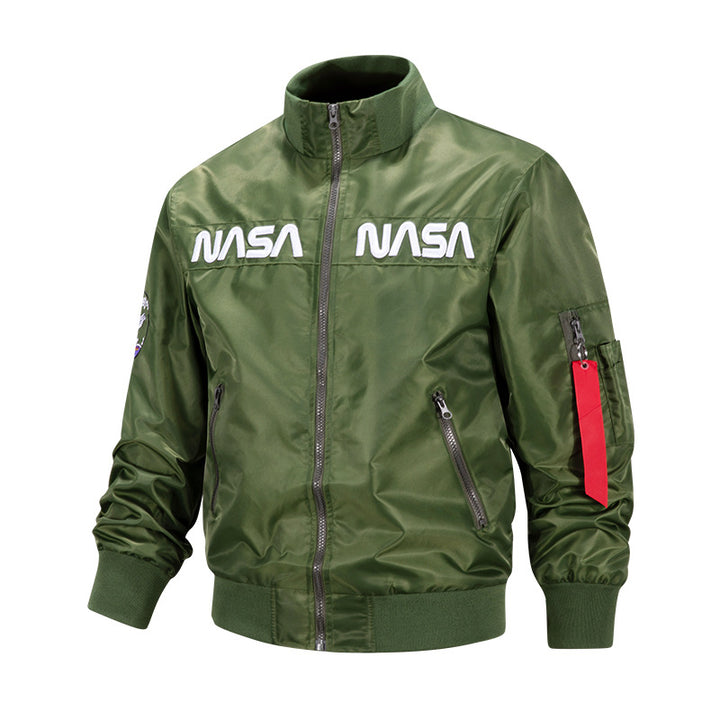 Men's metallic pilot-style zip-up bomber jacket with embroidered chest panels and angled zip hand pockets – Brevano