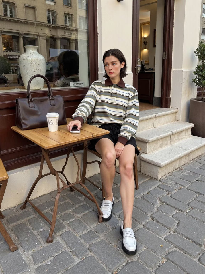 Damen Gestreiftes Poloshirt‑Sweatshirt aus Baumwollmix mit Kontrastkragen und gerippten Bündchen Echoarchiv