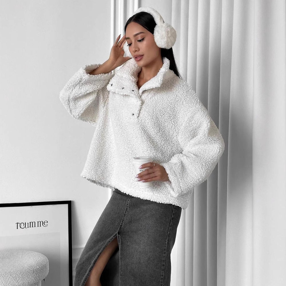 Damen Oversized Teddy-Pullover mit halber Druckknopfleiste und Stehkragen Echoarchiv