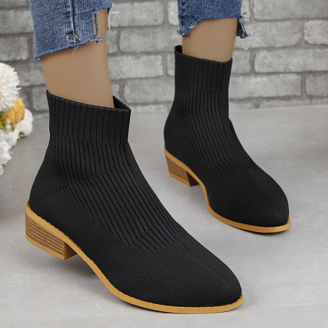 Damen nan gestrickte Sock-Ankleboots mit elastischem Schaft und niedrigem Holzblockabsatz Echo Archiv