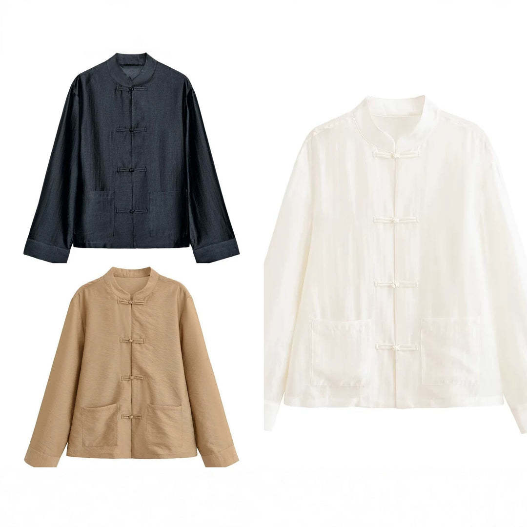 Damen Locker geschnittene Jacke mit Mandarinkragen und Knotenverschlüssen Echo Archiv