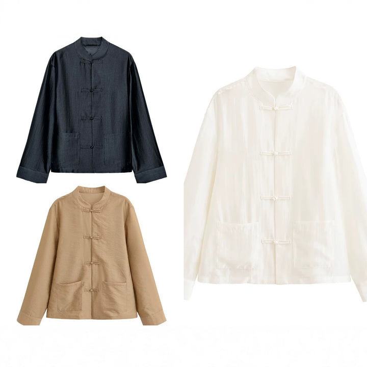 Damen Locker geschnittene Jacke mit Mandarinkragen und Knotenverschlüssen Echo Archiv
