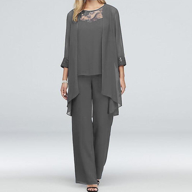Damen nan fließendes Chiffon-Abendensemble mit Spitzenbesatz, Kimono-Cardigan und weiter Palazzohose Echo Archiv
