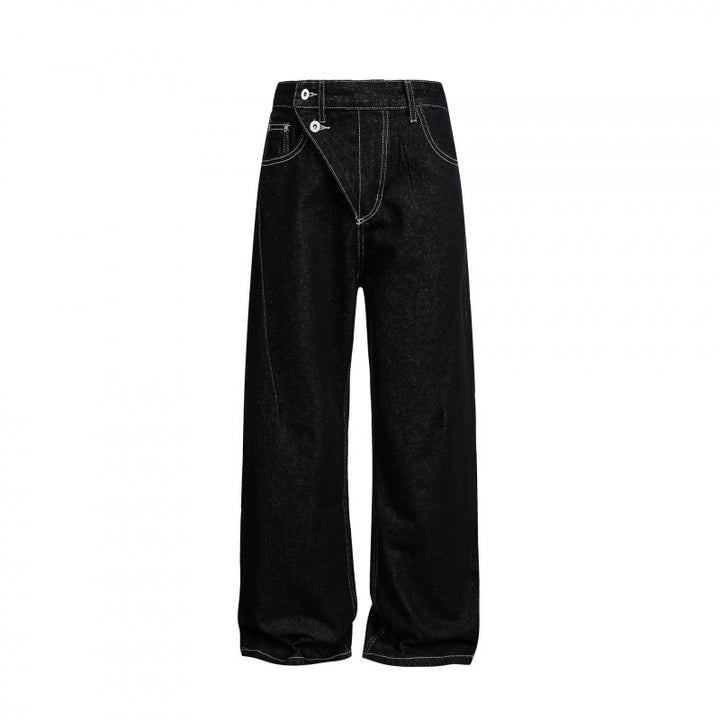Damen Weite High‑Waist Denim-Jeans mit asymmetrischer Knopfleiste und Kontrastnähten Echo Archiv