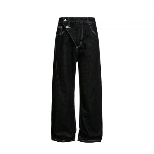 Damen Weite High‑Waist Denim-Jeans mit asymmetrischer Knopfleiste und Kontrastnähten Echo Archiv