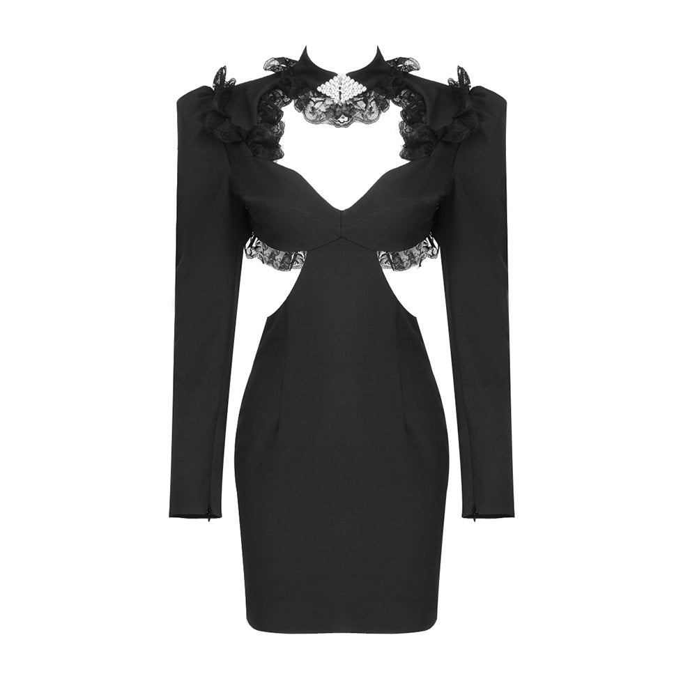 Damen elegantes Cut-Out Kleid mit Spitzenapplikationen und langen Ärmeln Echo Archiv