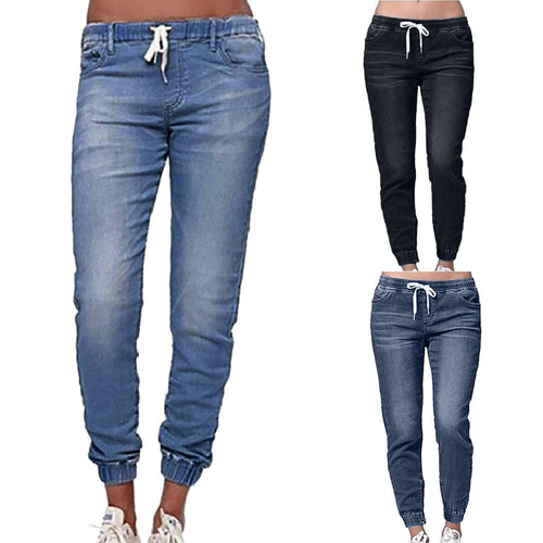 Damen nan schmal geschnittene Denim-Jogginghose mit Elastikbund, Tunnelzug und elastischen Beinbündchen Echo Archiv