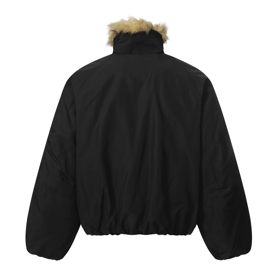 Herren Kurz geschnittener Boxy-Pufferjacke mit Kunstfellkapuze und vertikalen Reißverschlusstaschen Echoarchiv