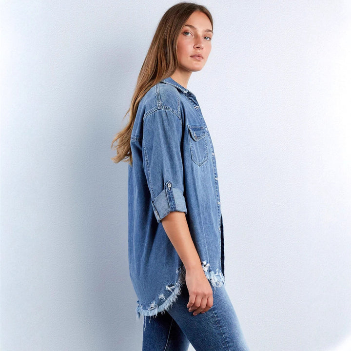 Damen nan lässige Denim-Hemdjacke Oversize mit aufgesetzten Brusttaschen, Herz-Stickdetail und ausgefranstem Saum Echo Archiv