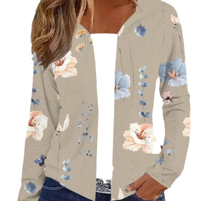 Damen Leichter Offener Strickcardigan mit floralem Aquarellprint und lässigem Fall – Veloura