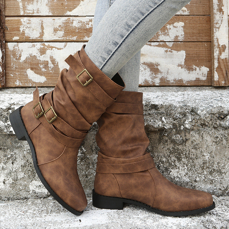 Damen nan lässige knöchelhohe Stiefelette mit gerafftem Schaft, dekorativen Schnallenriemen und flexibler Profilsohle Echo Archiv