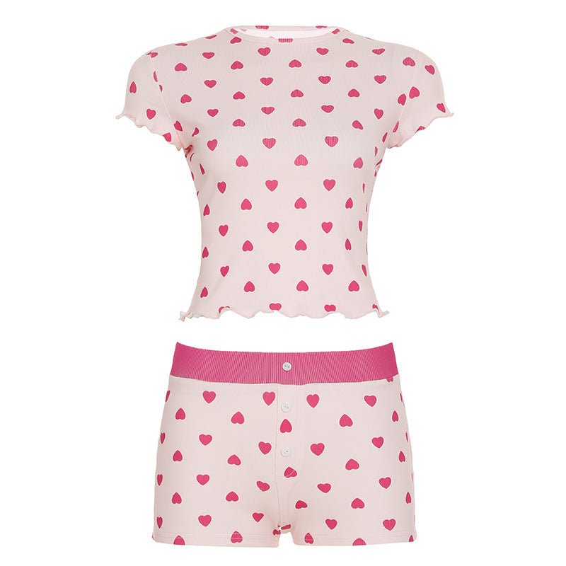 Damen Pyjama Set mit herzförmigem Muster und elastischem Bund Echo Archiv