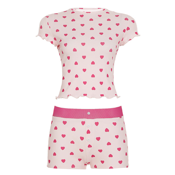 Damen Pyjama Set mit herzförmigem Muster und elastischem Bund Echo Archiv