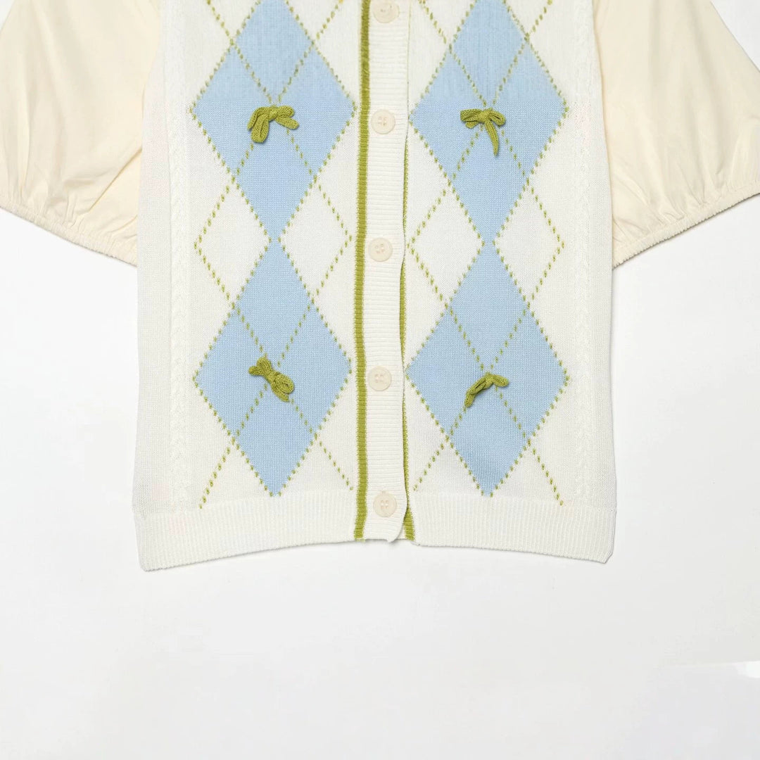 Damen Kurzarm-Pulloverjacke mit Argyle-Strickfront, Bubikragen und Puffärmeln Echo Archiv
