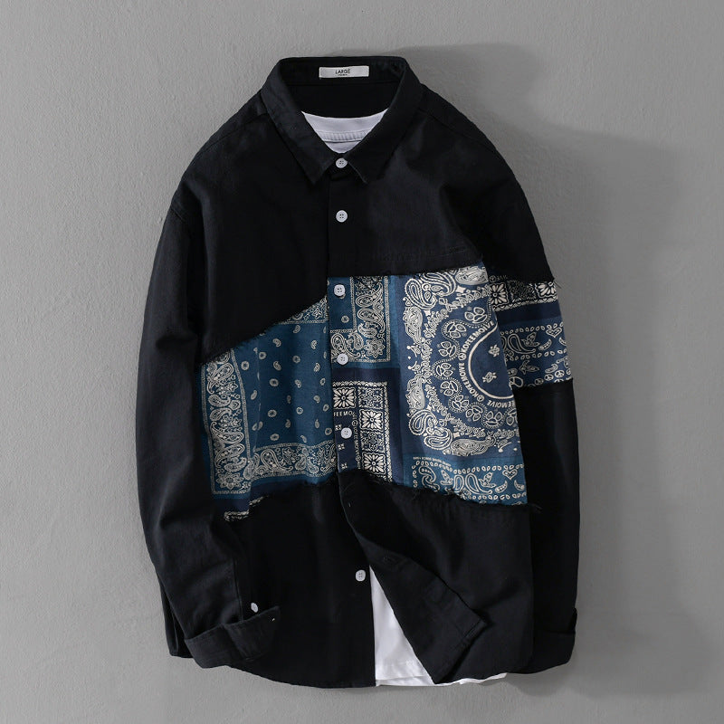 Herren Patchwork-Hemdjacke mit Bandana-Einsatz, rohen Kanten und weiter Passform Echoarchiv