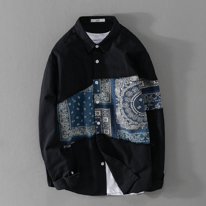 Herren Patchwork-Hemdjacke mit Bandana-Einsatz, rohen Kanten und weiter Passform Echoarchiv