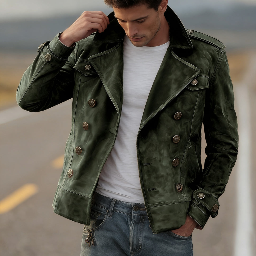 Herren nan doppeltreihige Vintage-Lederjacke mit Reverskragen und Schulterpatten Echo Archiv