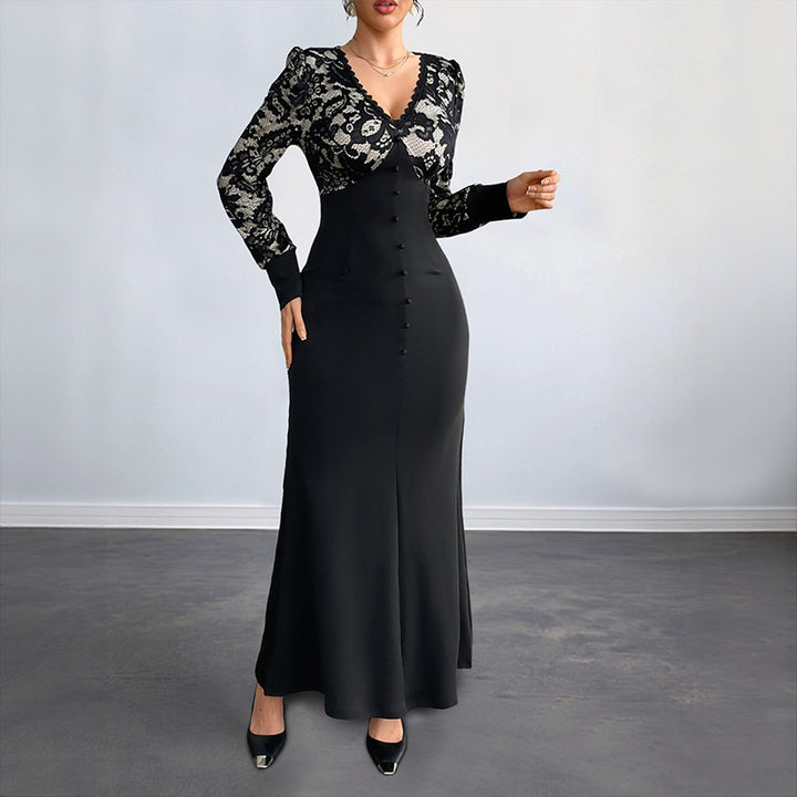 Damen Figurbetontes Maxikleid mit Spitzenoberteil, V‑Ausschnitt und Zierknopfleiste Echoarchiv