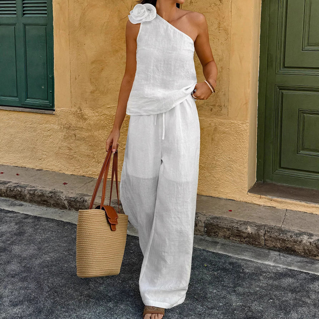 Damen Einschultriger Leinen-Jumpsuit mit Zier-Rosette und weitem Bein – Solévia
