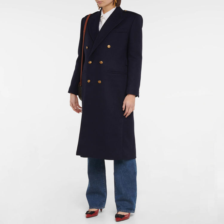 Damen Doppelreihiger Wollmix-Longcoat mit Epauletten und strukturierter Tailoring-Silhouette Echoarchiv