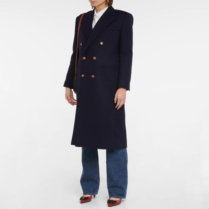Damen Doppelreihiger Wollmix-Longcoat mit Epauletten und strukturierter Tailoring-Silhouette Echoarchiv