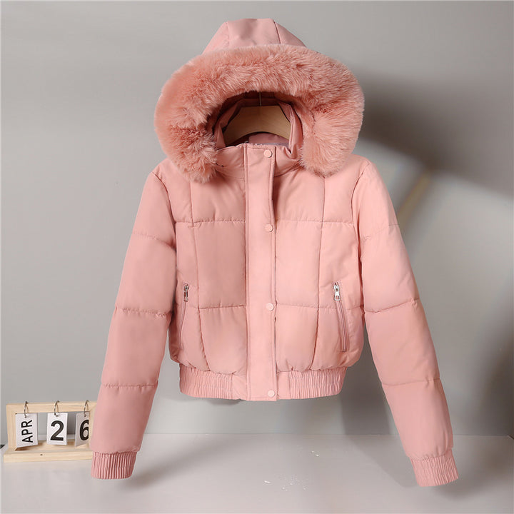 Damen kurzer isolierender Kapuzenblouson mit voluminöser Pelzkragenblende und elastischem Rippsaum – Célinea
