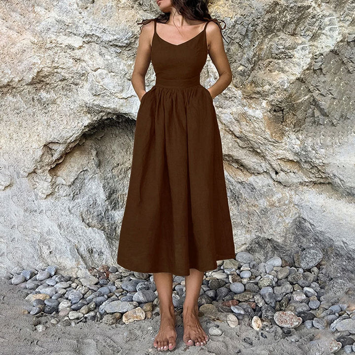 Damen Midikleid mit Spaghettiträgern & Taschen – Élara