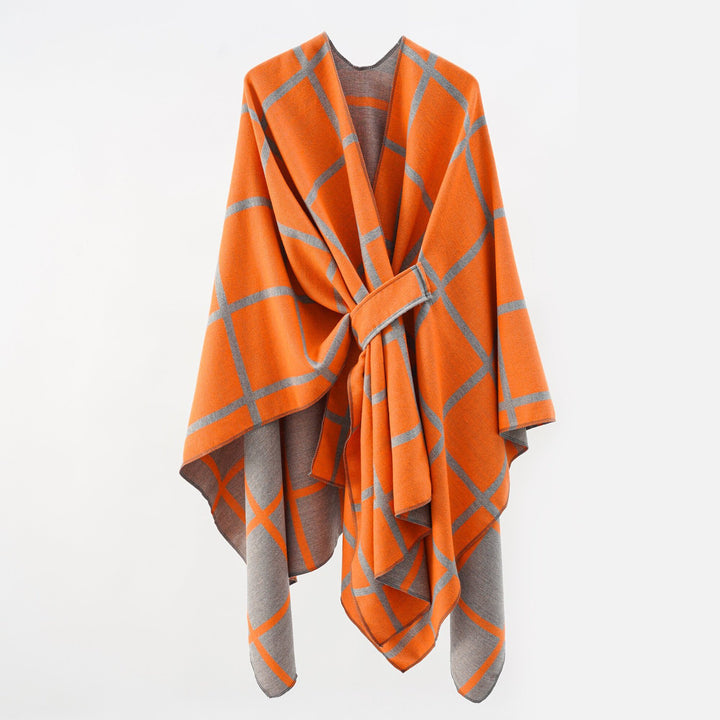 Damen Oversize Wollmix Poncho mit Gürtel und Karomuster Echo Archiv