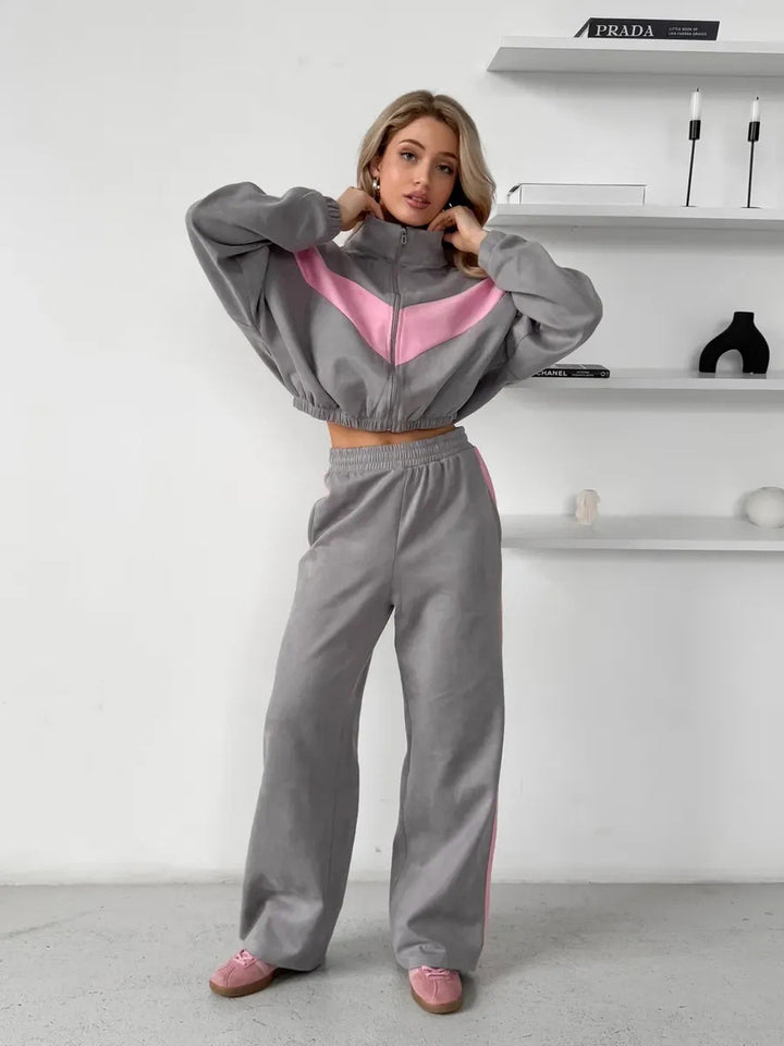 Damen cropped Zipjacke und weite Trackpants mit kontrastierendem Seitenstreifen – Avérine