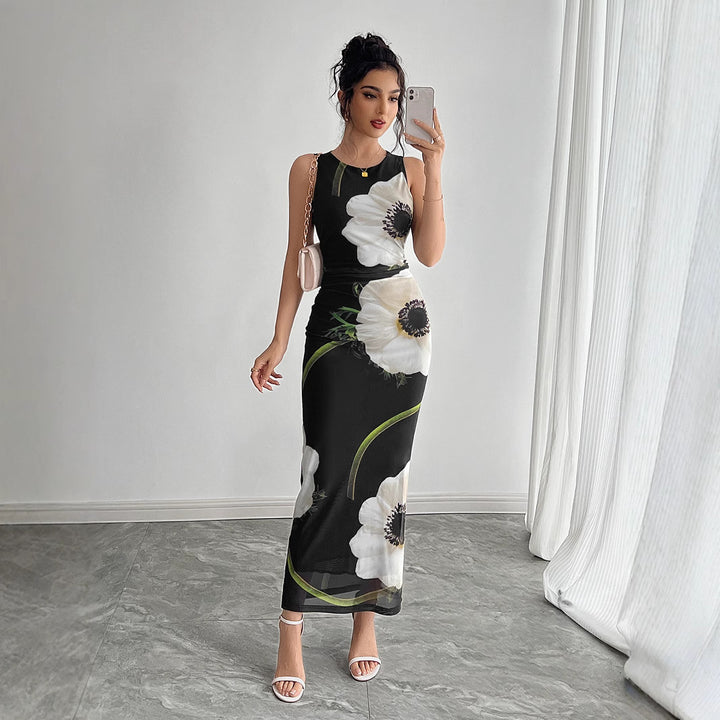Damen nan figurbetontes ärmelloses Maxikleid mit fotorealistischem Blumenprint und taillierter Silhouette Echo Archiv