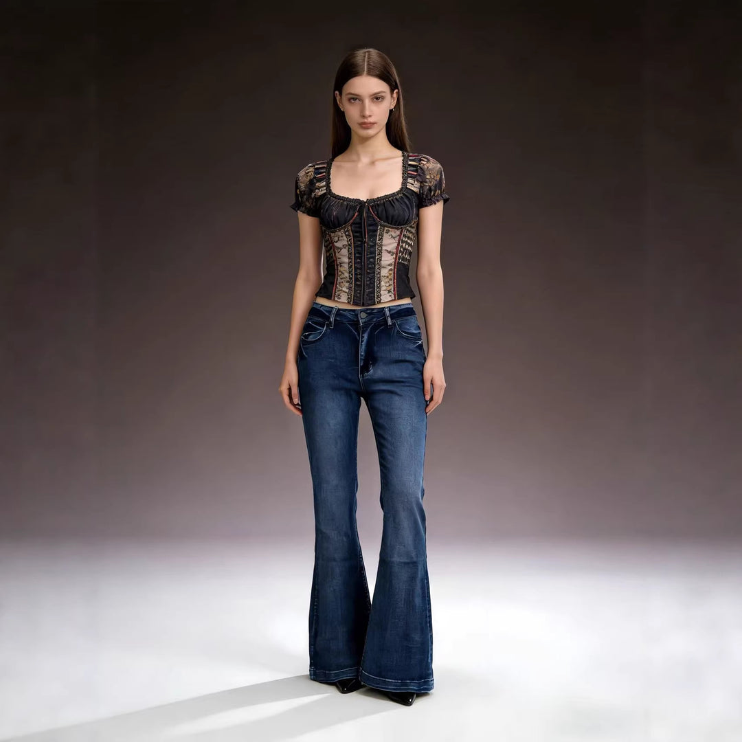 Damen elegantes cropped Oberteil mit Puffärmeln und Vintage-Stickerei Echo Archiv