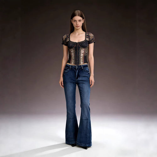 Damen elegantes cropped Oberteil mit Puffärmeln und Vintage-Stickerei Echo Archiv