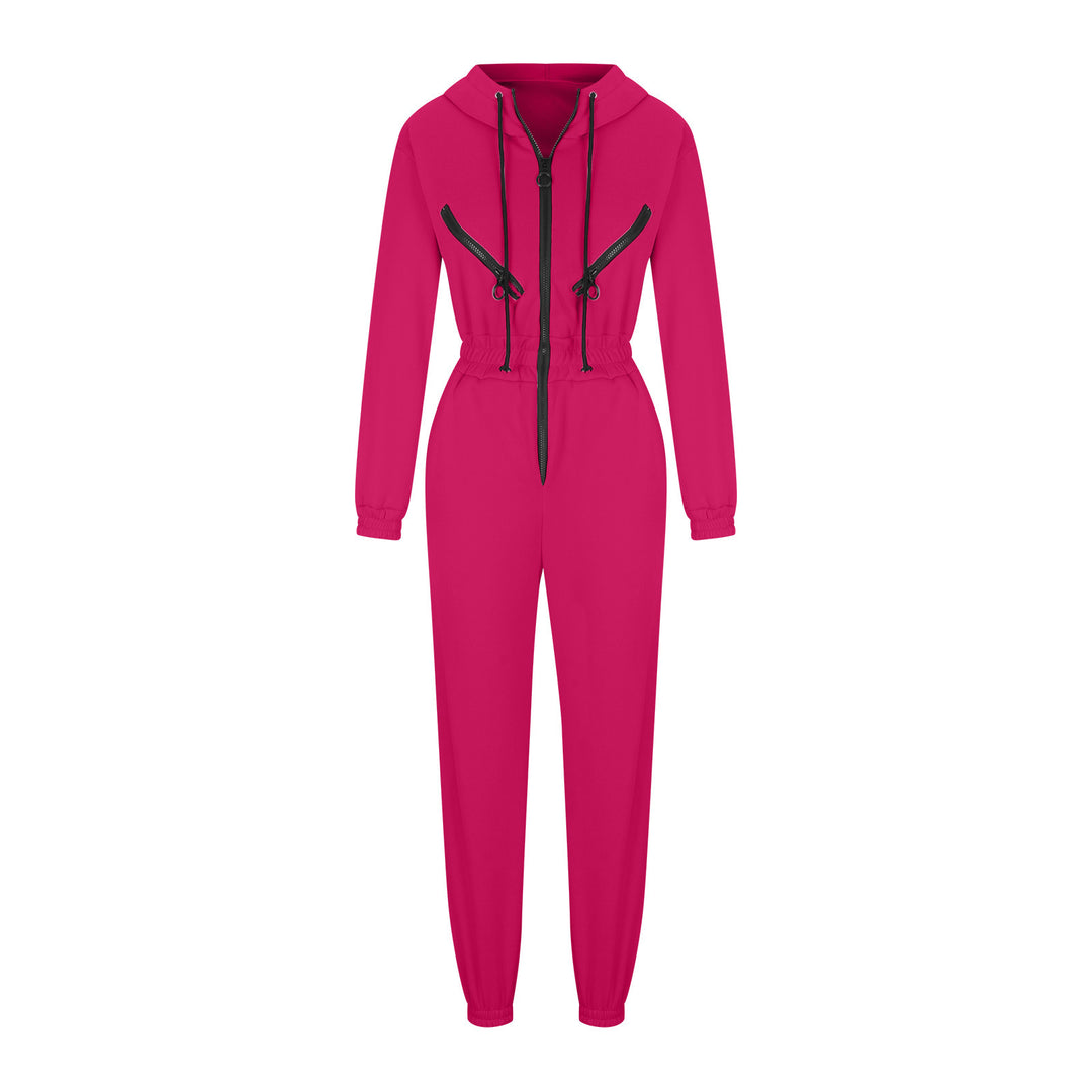 Damen taillierter Kapuzen-Jumpsuit mit elastischem Bund und markanten Kontrast-Reißverschlüssen – Solévia